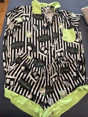Beetlejuice Black & White Stripe Pajama Set with Neon Green Trim
